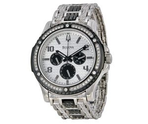 Norman Hege Jewelers | Diamond encrusted Bulova watch in a silver setting against a white background