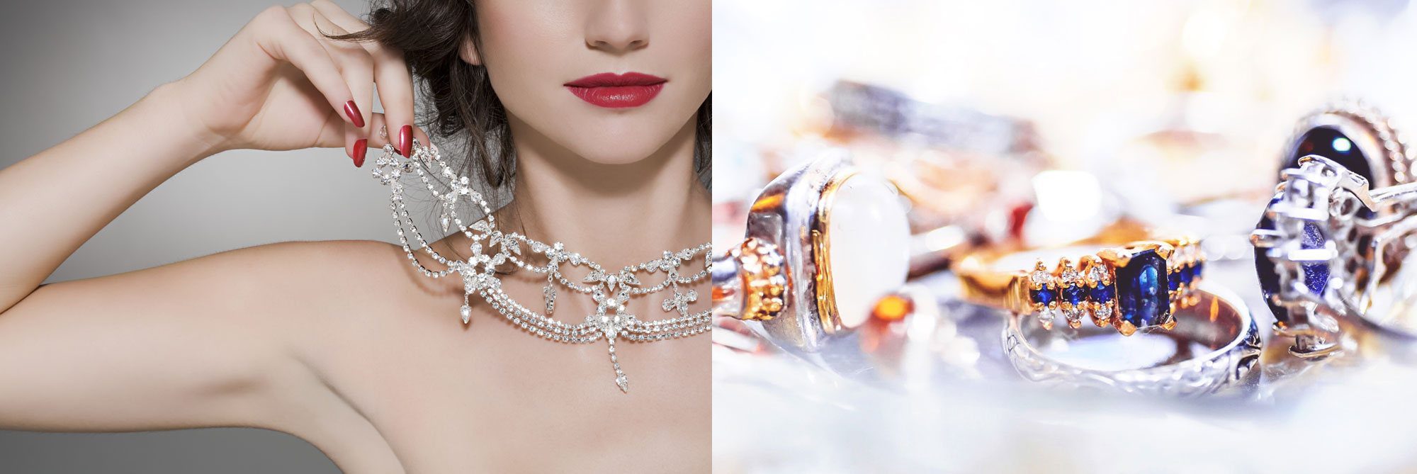 Norman Hege Jewelers | Woman with bright red lipstick and bright red nails holding a diamond necklace over her alongside various rings with gemstones in different settings of gold and silver